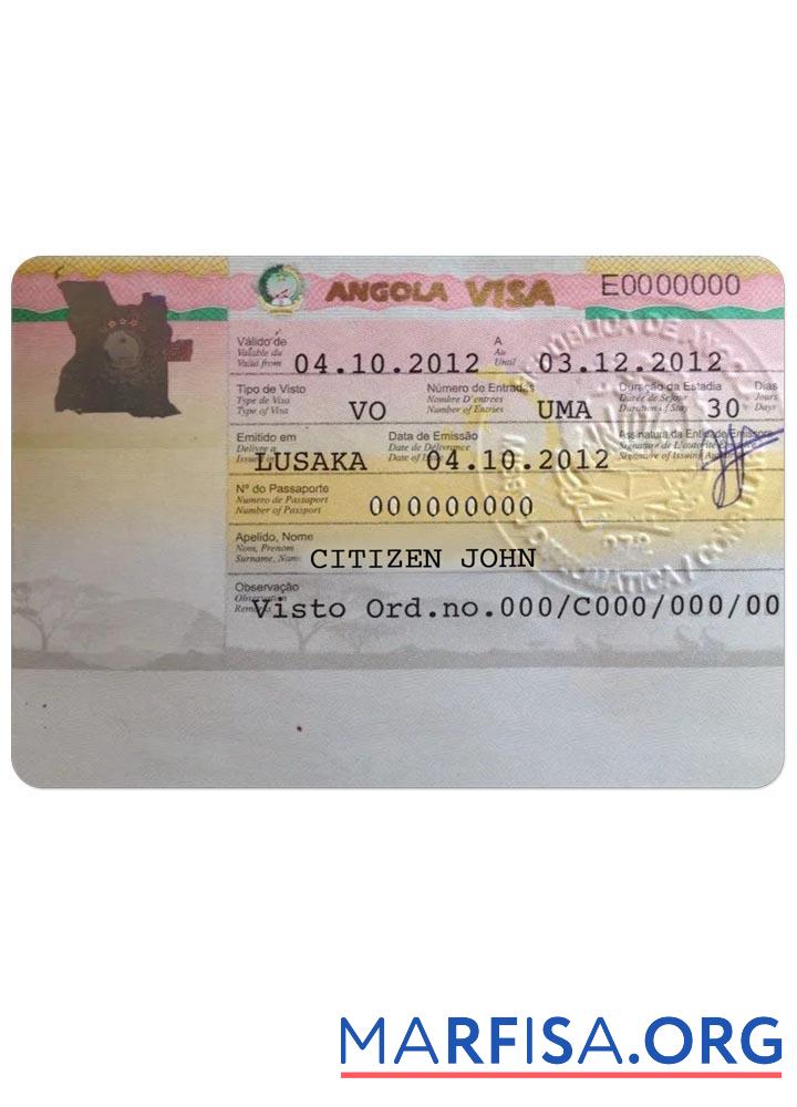 Printable Angola work visa template